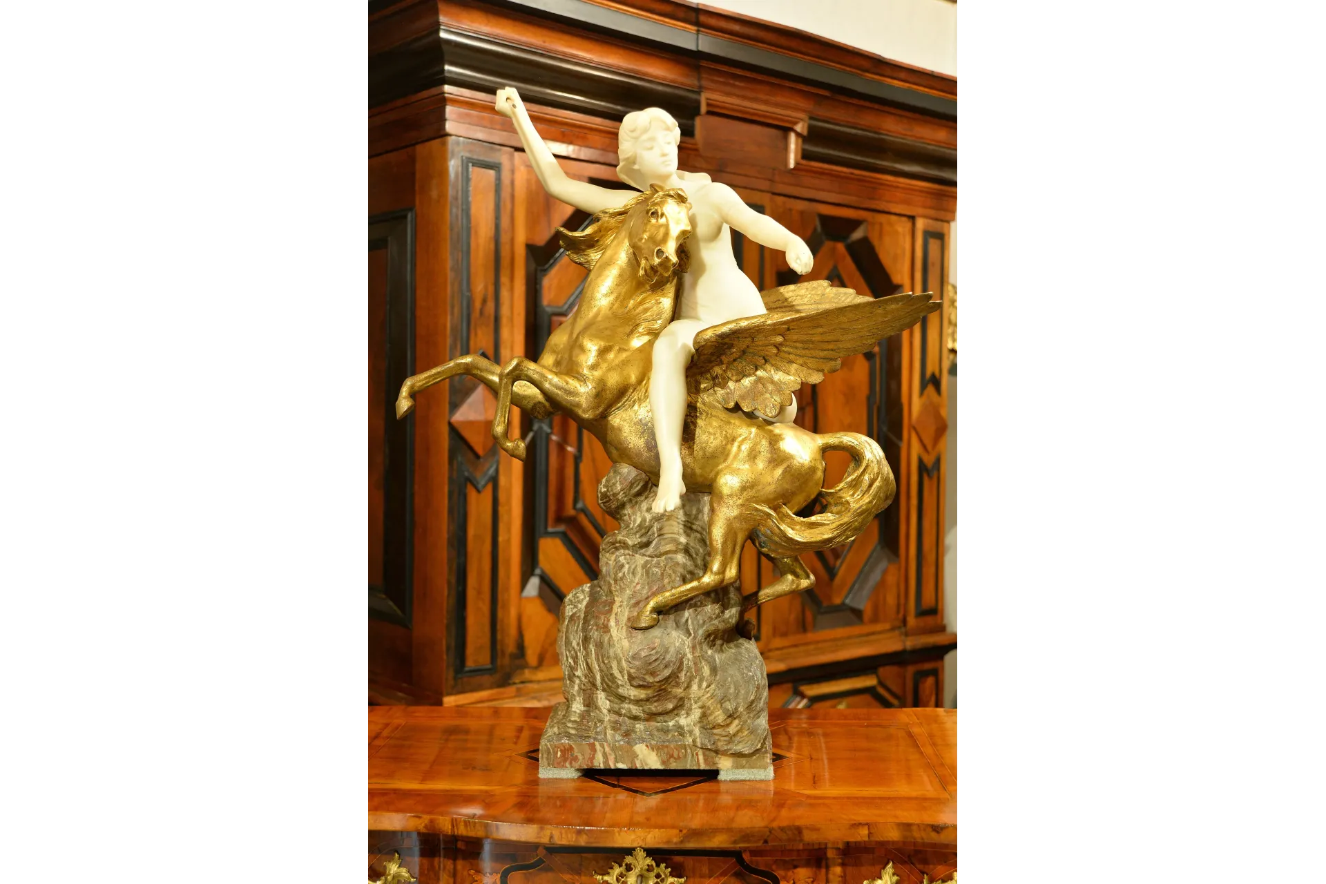 POTĘŻNA UNIKATOWA RZEŹBA 90cm - ATENA NA PEGAZIE - H.L. LEVASEEUR ok. 1900r