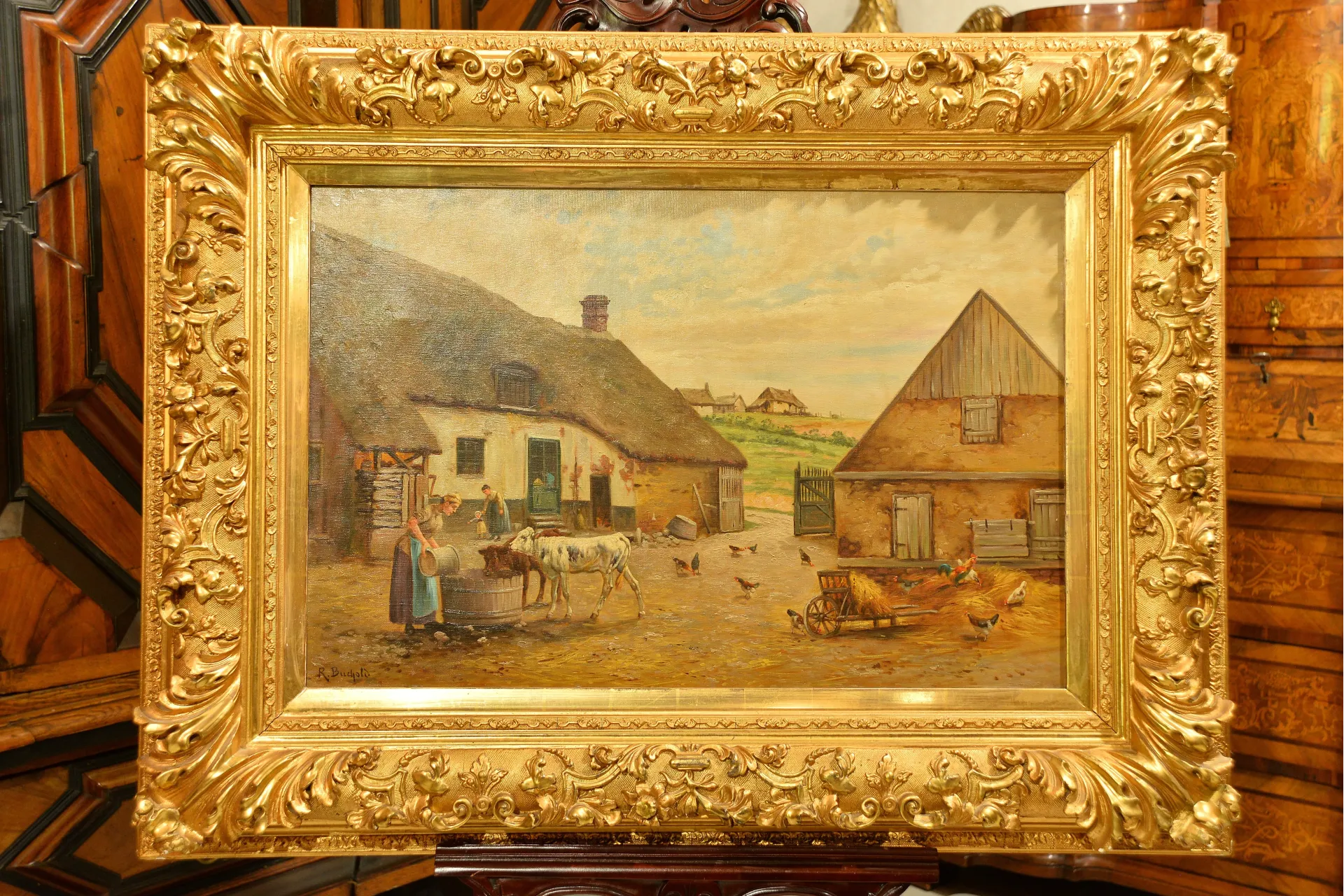 DUŻY OLEJ NA PŁ&Oacute;TNIE W PIĘKNEJ RAMIE ok. 1900r