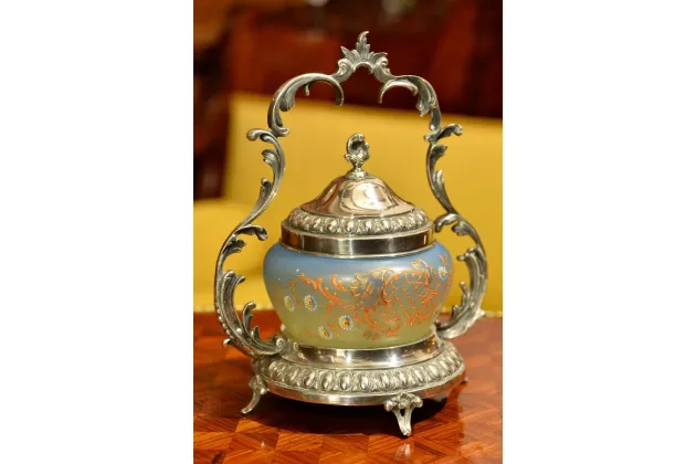 POSREBRZANA CUKIERNICA BOMBONIERA Z PIĘKNYM SZKŁEM pocz.XXw