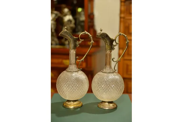 PARA OKUWANYCH KARAFEK SZKŁO + PLATER ok. 1900r