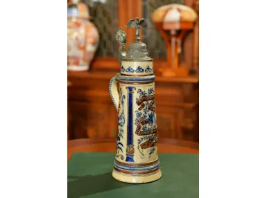 DUŻY KUFEL CERAMICZNY Z CYNOWĄ KLAPĄ ok. 1890r