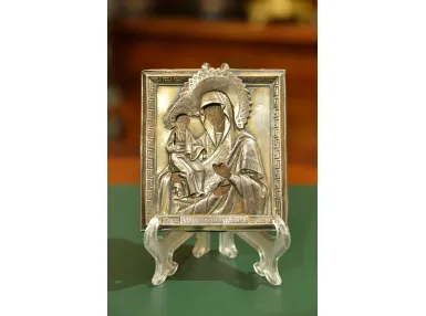 IKONA MATKA BOŻA TR&Oacute;JRĘCZNA SREBRO ROSJA XIXw