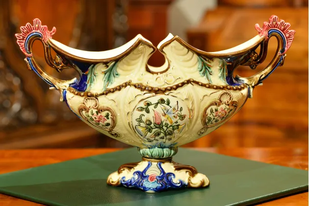 SYGNOWANA ŻARDINIERA MAJOLIKA BERNHARD BLOCH EICHWALD BOHEMIA ok. 1920r