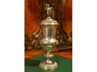 SREBRNY PUCHAR Z PUTTEM - WERNER WARSZAWA 612g ok. 1880r
