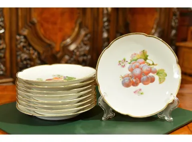 ZESTAW TALERZYK&Oacute;W DESEROWYCH Z OWOCAMI TIRSCHENREUTH 9szt. ok. 1930r