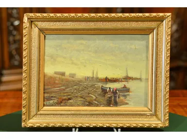 OBRAZ - OLEJ NA DESCE - FRANCUSKI PEJZAŻ NADMORSKI ok. 1900r