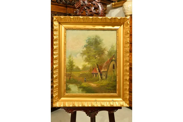 OBRAZ - OLEJ NA PŁ&Oacute;TNIE - PEJZAŻ ok. 1900r