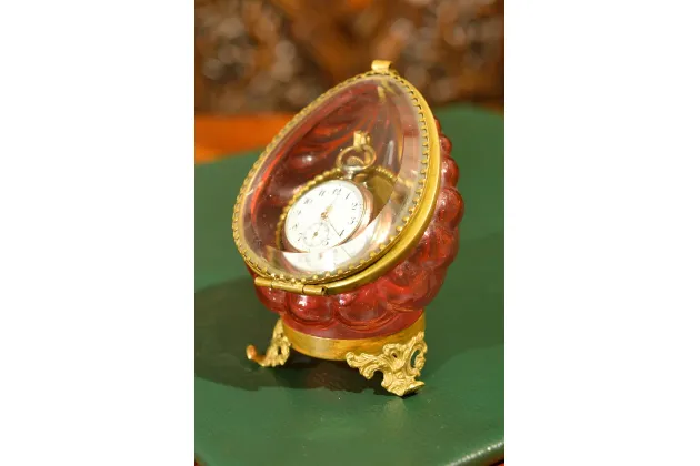 UNIKATOWA SZKATUŁKA NA WISIOREK ZEGAREK SZKANA MUSZLA ok. 1890r