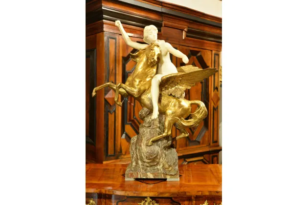 POTĘŻNA UNIKATOWA RZEŹBA 90cm - ATENA NA PEGAZIE - H.L. LEVASEEUR ok. 1900r