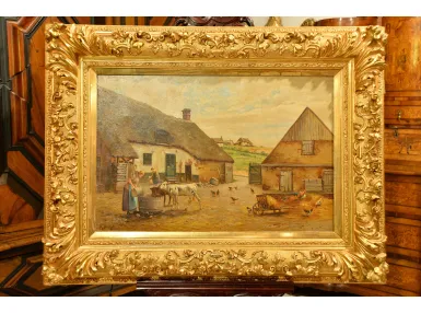 DUŻY OLEJ NA PŁ&Oacute;TNIE W PIĘKNEJ RAMIE ok. 1900r