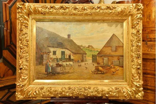 DUŻY OLEJ NA PŁ&Oacute;TNIE W PIĘKNEJ RAMIE ok. 1900r