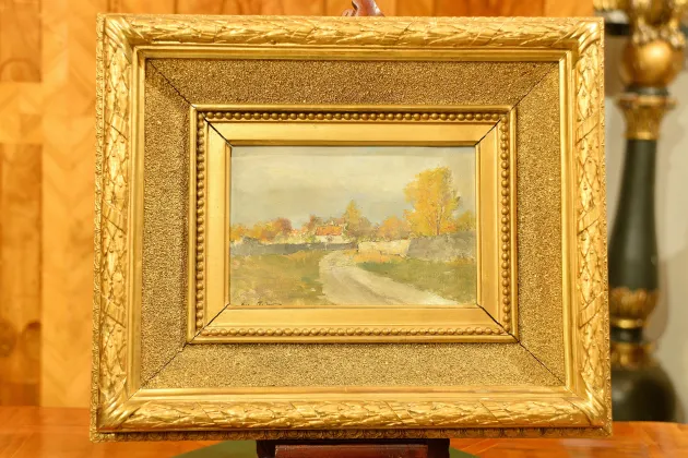 OBRAZ - OLEJ NA PŁ&Oacute;TNIE - PEJZAŻ A. THORNE ok. 1900r